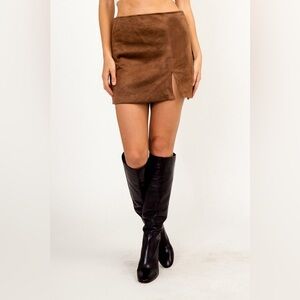 faux suede mini skirt with front side slit - brown - S, M